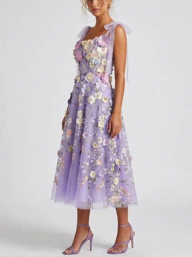 Lavender 3D Floral Appliqué Embroidered Tulle Midi Dress - Dresses