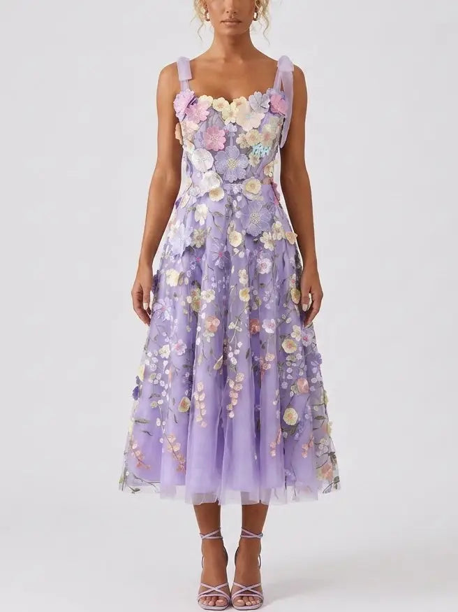 Lavender 3D Floral Appliqué Embroidered Tulle Midi Dress - Dresses
