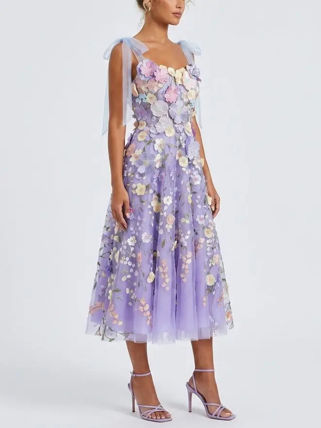 Lavender 3D Floral Appliqué Embroidered Tulle Midi Dress - Dresses