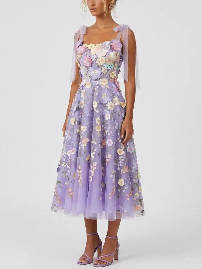Lavender 3D Floral Appliqué Embroidered Tulle Midi Dress - Dresses