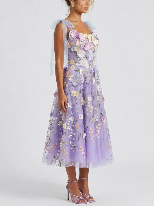 Lavender 3D Floral Appliqué Embroidered Tulle Midi Dress - Dresses