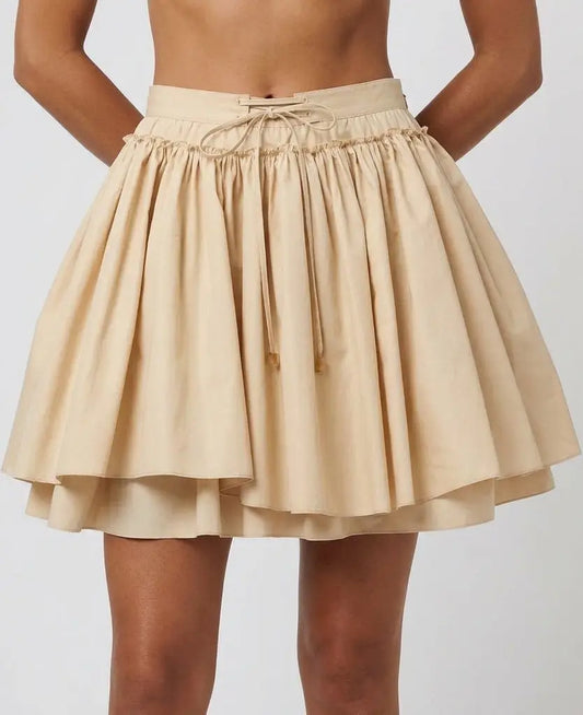 Layered Flared Cotton Mini Skirt with Tie Waist - Small / Beige - Skirts