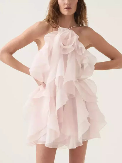 Layered Chiffon Mini Dress with Rose Applique in Light Pink