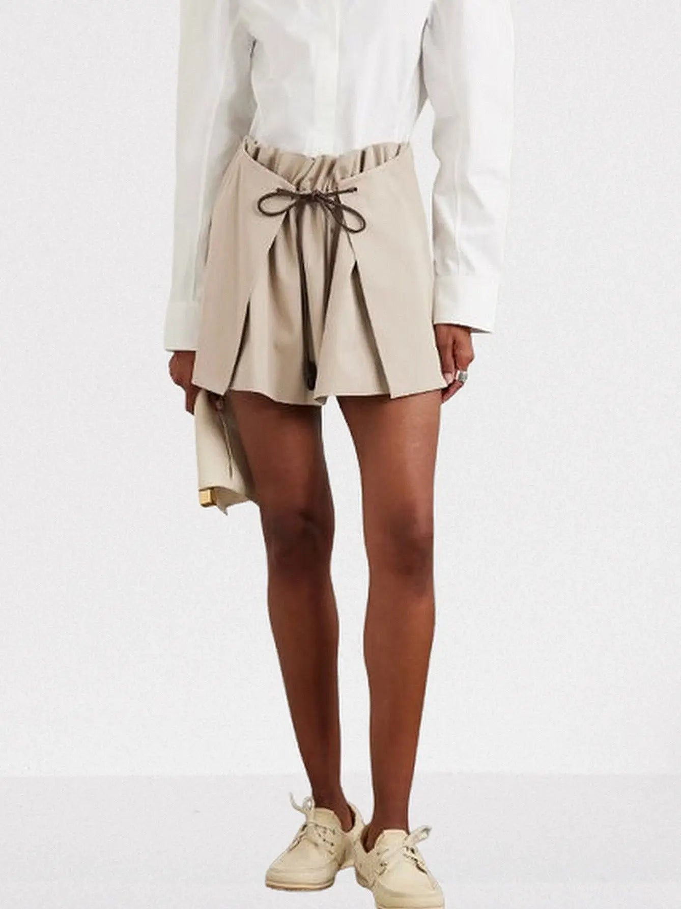 Layered Pleated Top Mini Skirt with Leather Tie - Small / Beige - Skirts