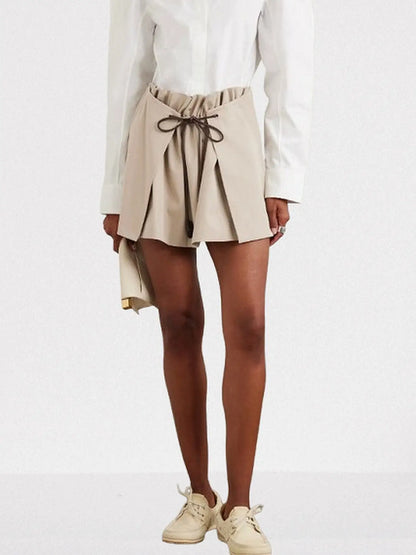 Layered Pleated Top Mini Skirt with Leather Tie - Small / Beige - Skirts