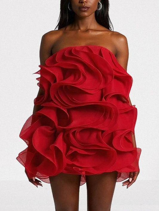 Layered Ruffled Strapless Mini Dress - S / Red - Dresses