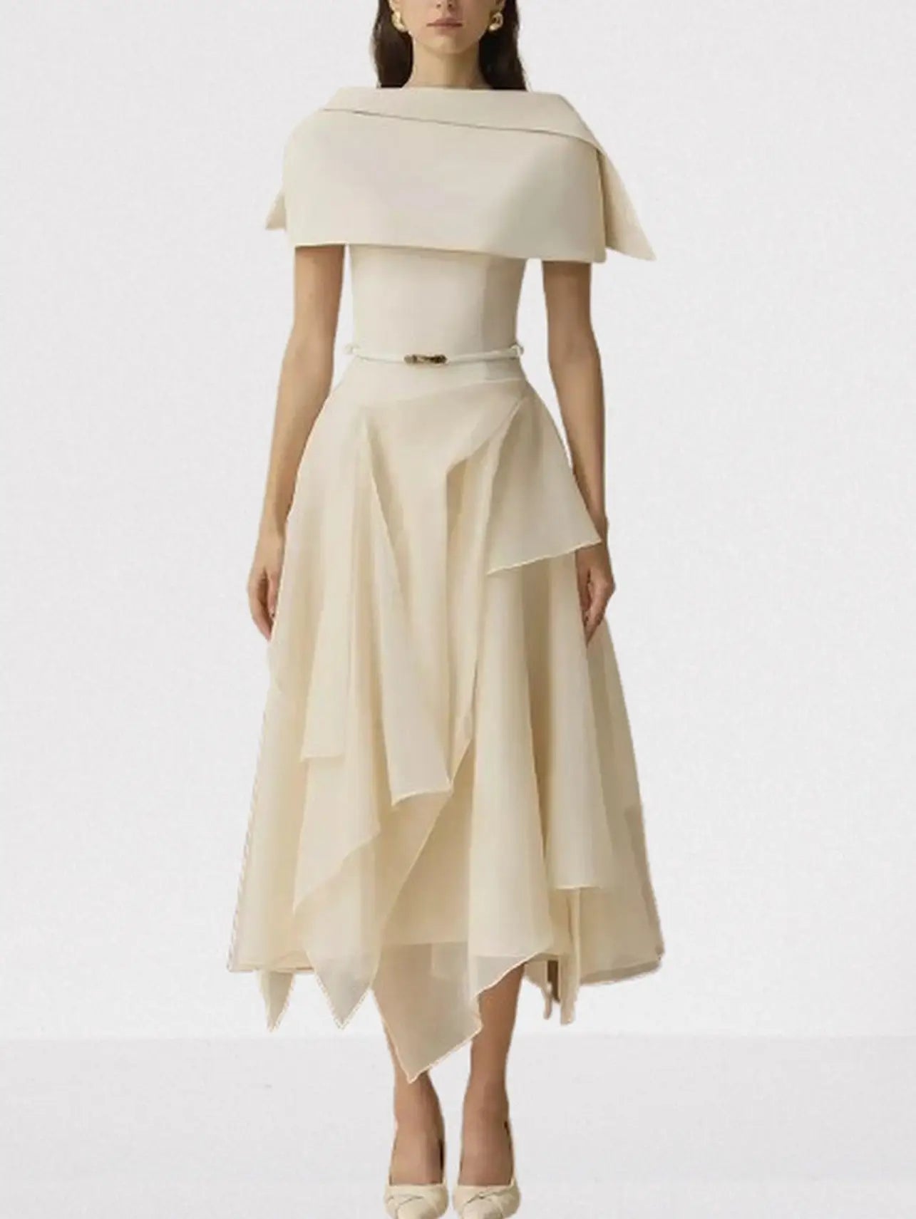 Layered Sleeveless Midi Dress with Detachable Cape - S - Dresses