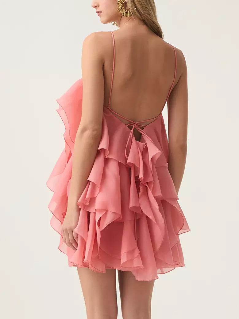 Layered Chiffon Mini Dress with Rose Applique in Coral