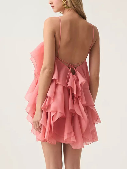 Layered Chiffon Mini Dress with Rose Applique in Coral