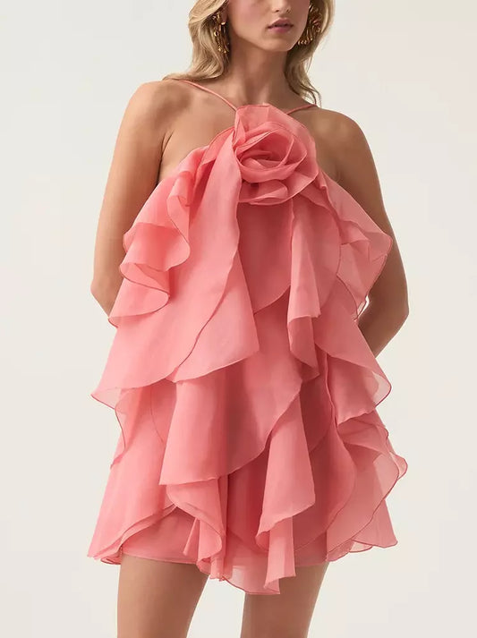Layered Chiffon Mini Dress with Rose Applique in Coral - Dresses