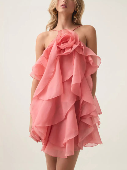Layered Chiffon Mini Dress with Rose Applique in Coral