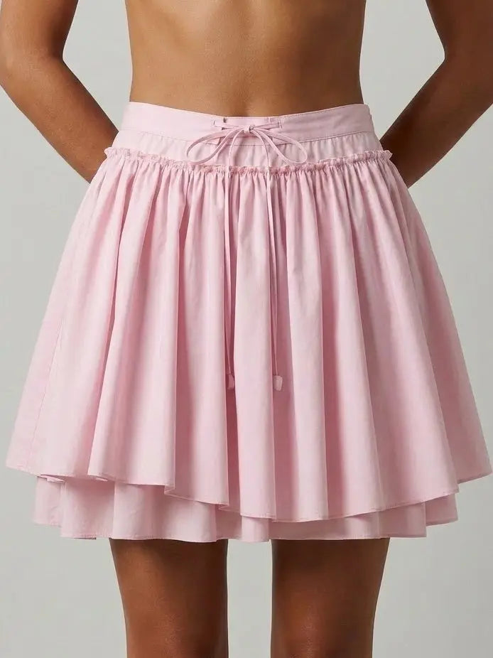 Layered Flared Cotton Mini Skirt with Tie Waist - Small / Pink - Skirts