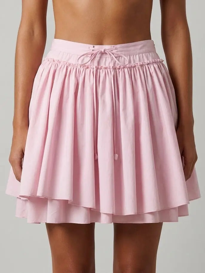 Layered Flared Cotton Mini Skirt with Tie Waist - Skirts