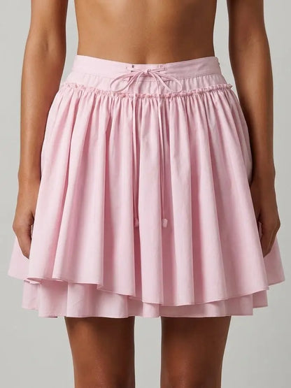 Layered Flared Cotton Mini Skirt with Tie Waist - Skirts