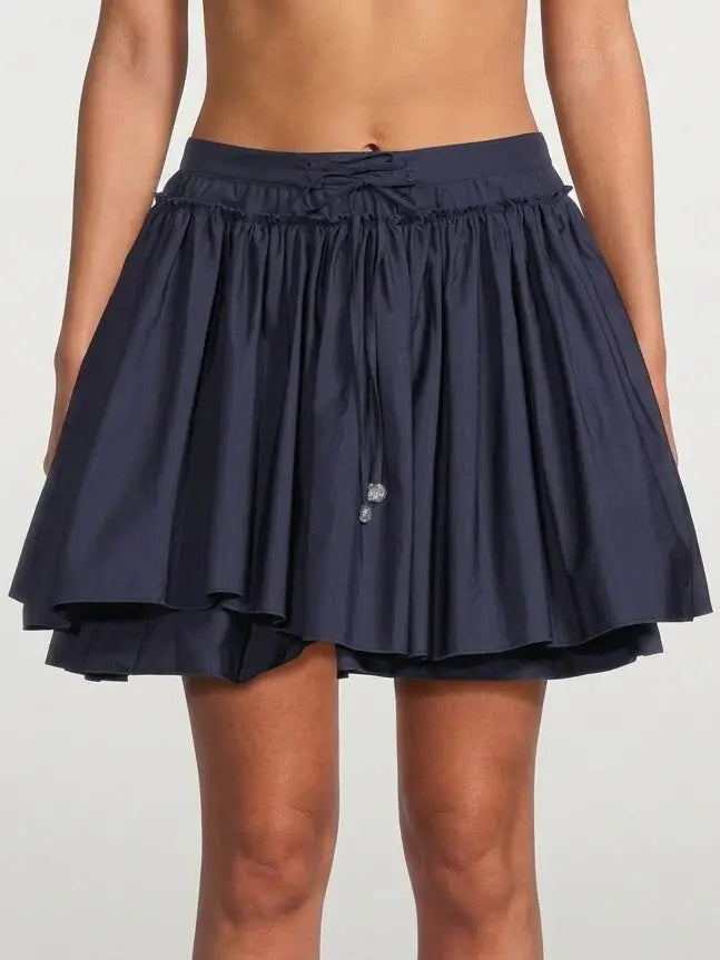 Layered Flared Cotton Mini Skirt with Tie Waist - Small / Navy - Skirts