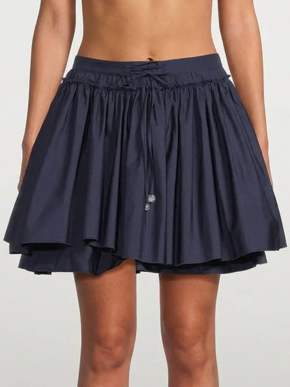 Layered Flared Cotton Mini Skirt with Tie Waist - Small / Navy - Skirts