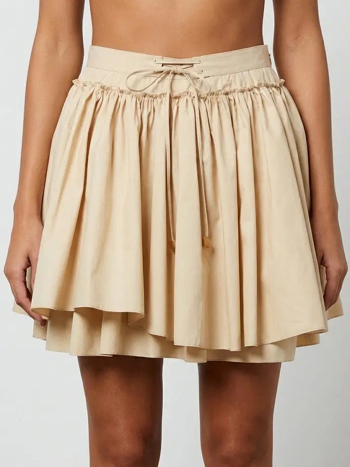 Layered Flared Cotton Mini Skirt with Tie Waist - Skirts