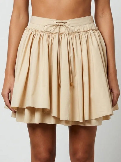 Layered Flared Cotton Mini Skirt with Tie Waist - Skirts