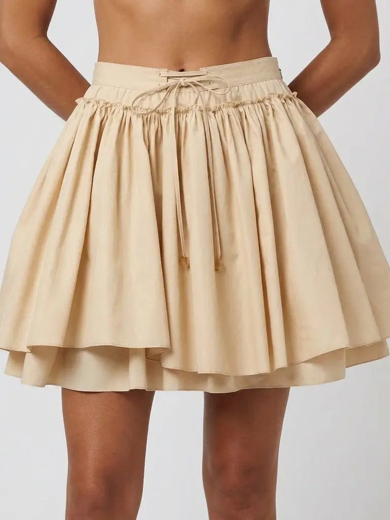 Layered Flared Cotton Mini Skirt with Tie Waist - Skirts