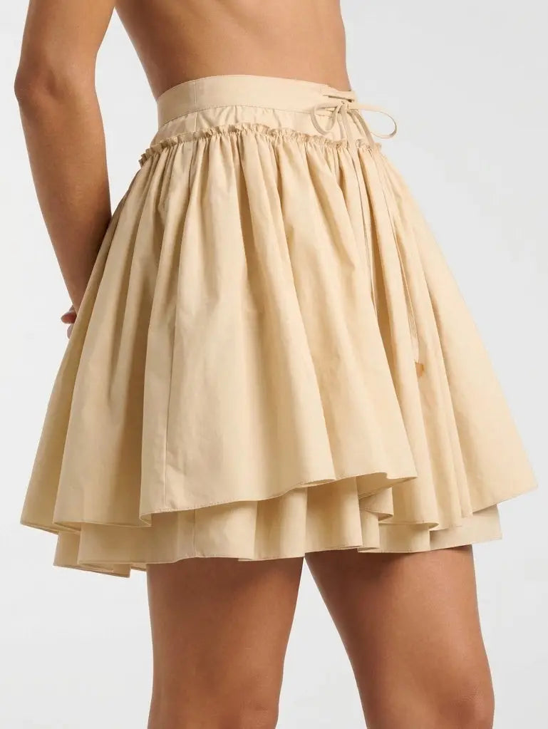 Layered Flared Cotton Mini Skirt with Tie Waist - Skirts