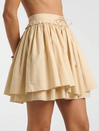 Layered Flared Cotton Mini Skirt with Tie Waist - Skirts