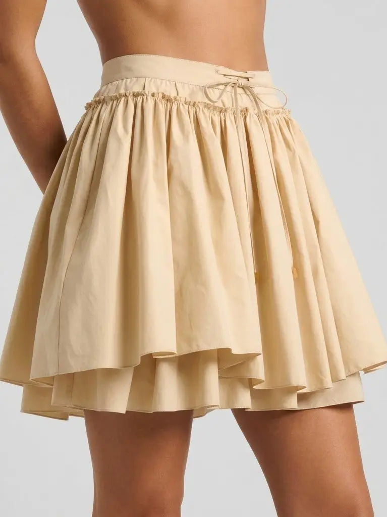 Layered Flared Cotton Mini Skirt with Tie Waist - Skirts