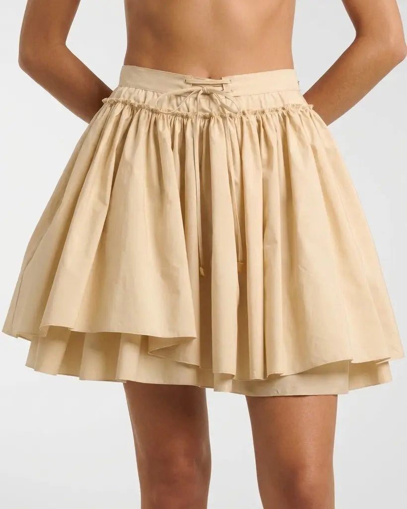 Layered Flared Cotton Mini Skirt with Tie Waist - Skirts