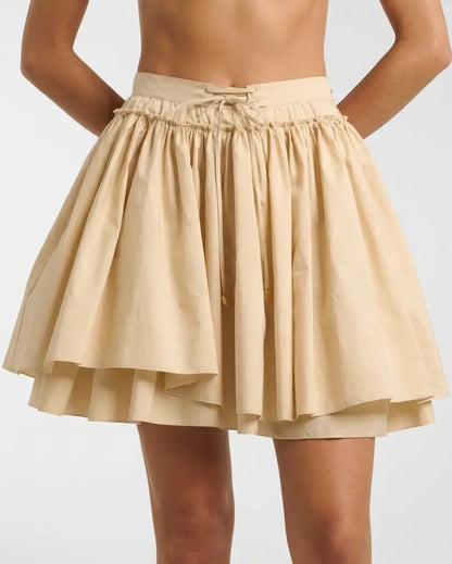 Layered Flared Cotton Mini Skirt with Tie Waist - Skirts