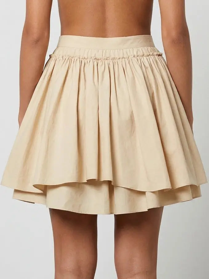 Layered Flared Cotton Mini Skirt with Tie Waist - Skirts