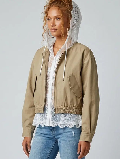 Layered Lace Blouse Effect Bomber Jacket - Jackets