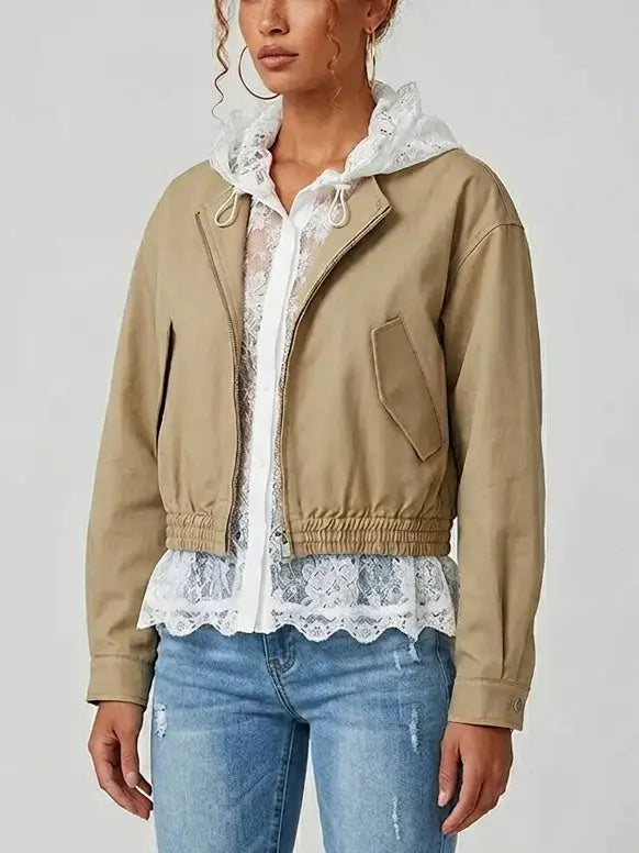 Layered Lace Blouse Effect Bomber Jacket - Jackets