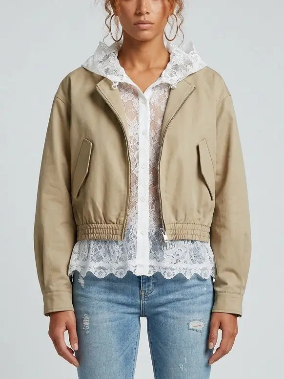 Layered Lace Blouse Effect Bomber Jacket - Jackets
