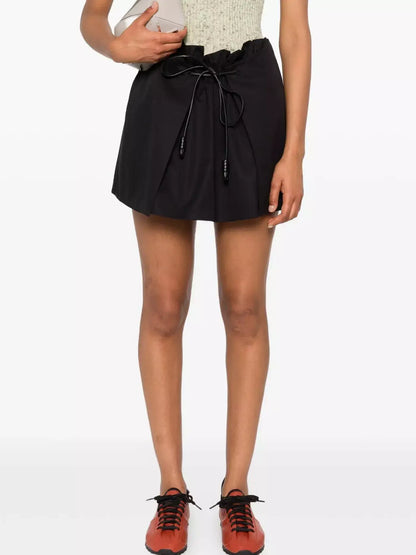 Layered Pleated Top Mini Skirt with Leather Tie - Skirts
