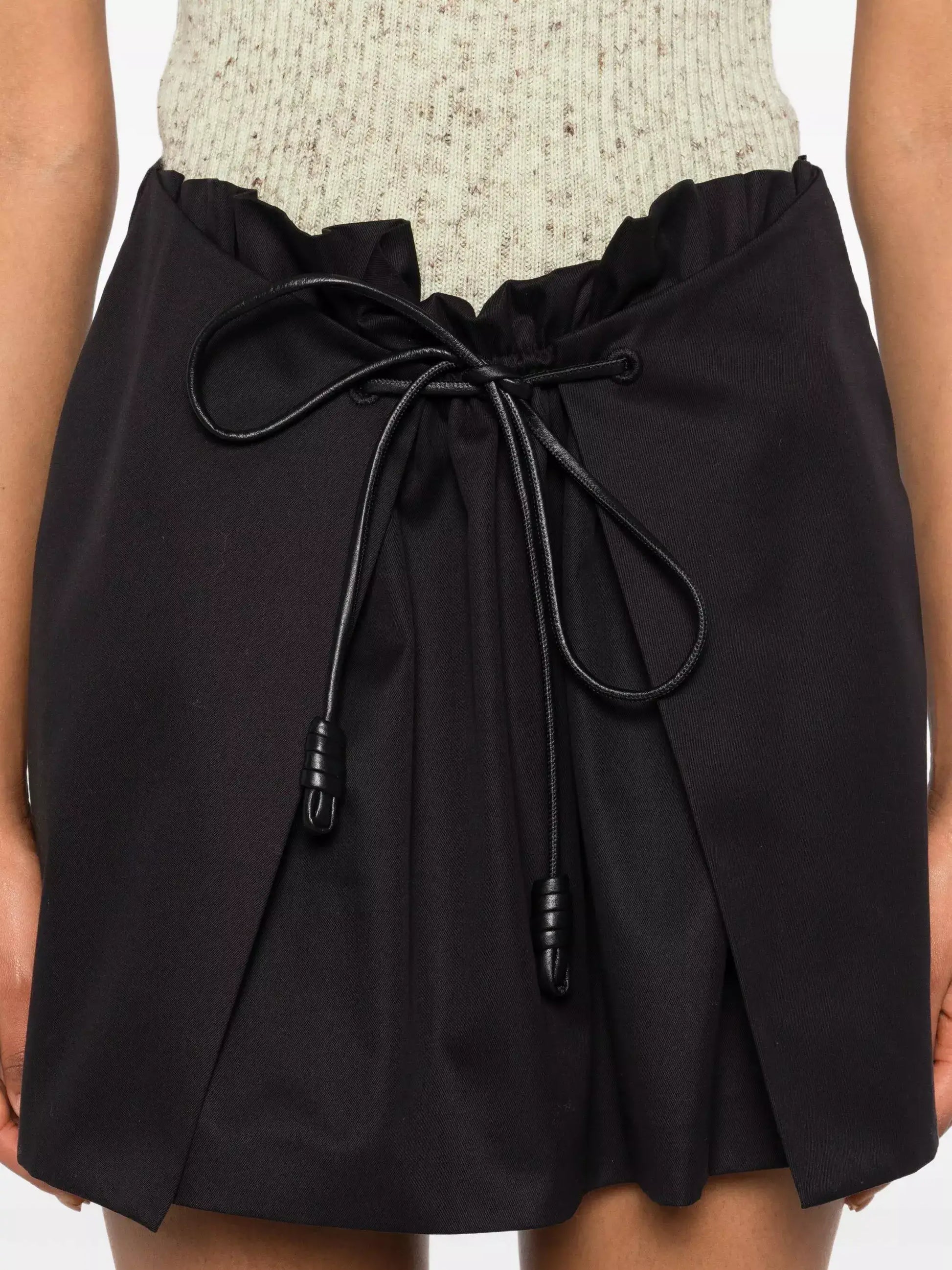 Layered Pleated Top Mini Skirt with Leather Tie - Small / Black - Skirts