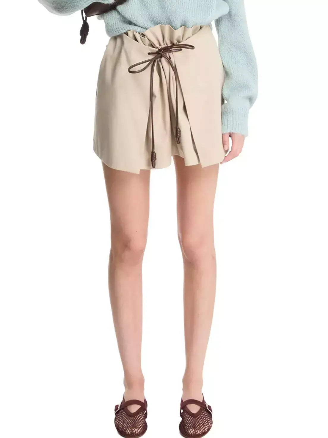 Layered Pleated Top Mini Skirt with Leather Tie - Skirts