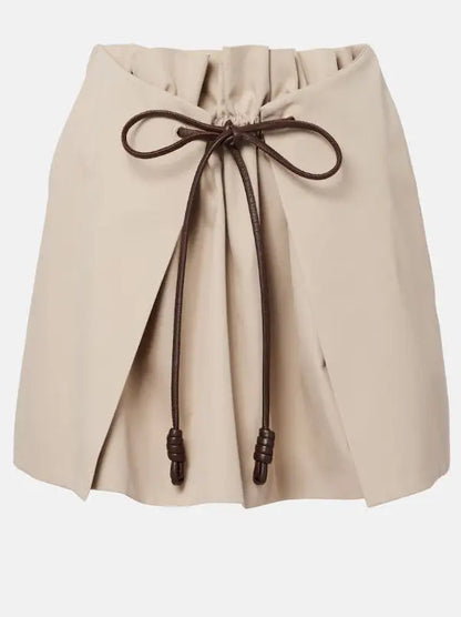 Layered Pleated Top Mini Skirt with Leather Tie - Skirts