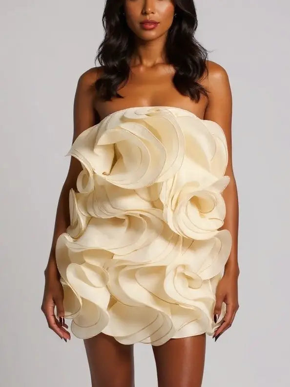 Layered Ruffled Strapless Mini Dress - S / Cream - Dresses