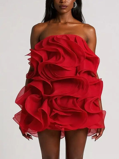 Layered Ruffled Strapless Mini Dress - Dresses