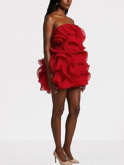 Layered Ruffled Strapless Mini Dress - Dresses