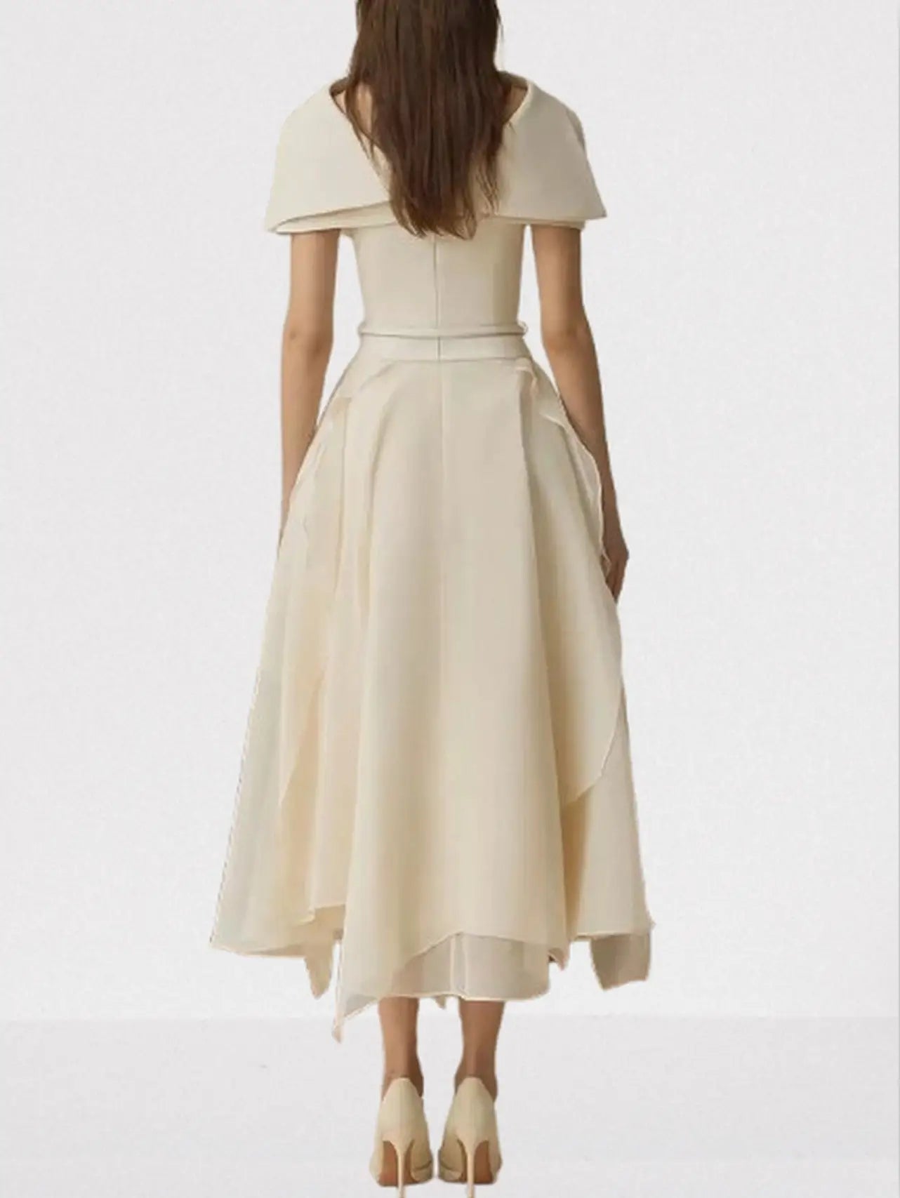Layered Sleeveless Midi Dress with Detachable Cape - Dresses