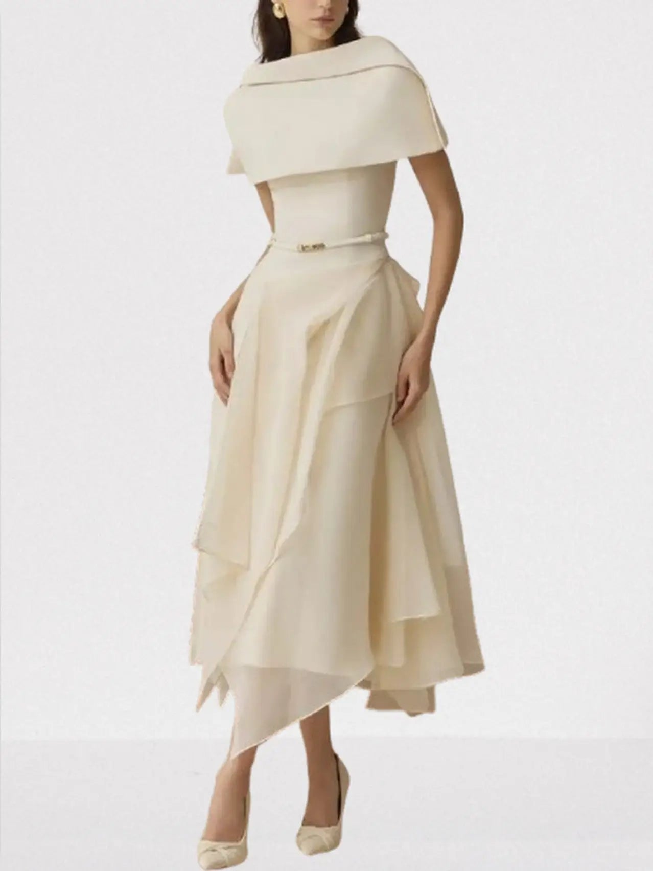 Layered Sleeveless Midi Dress with Detachable Cape - Dresses