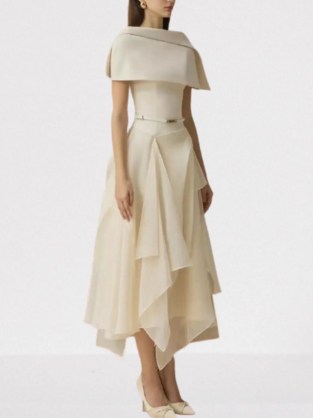 Layered Sleeveless Midi Dress with Detachable Cape - Dresses