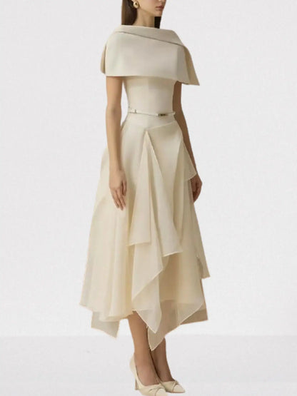 Layered Sleeveless Midi Dress with Detachable Cape - Dresses