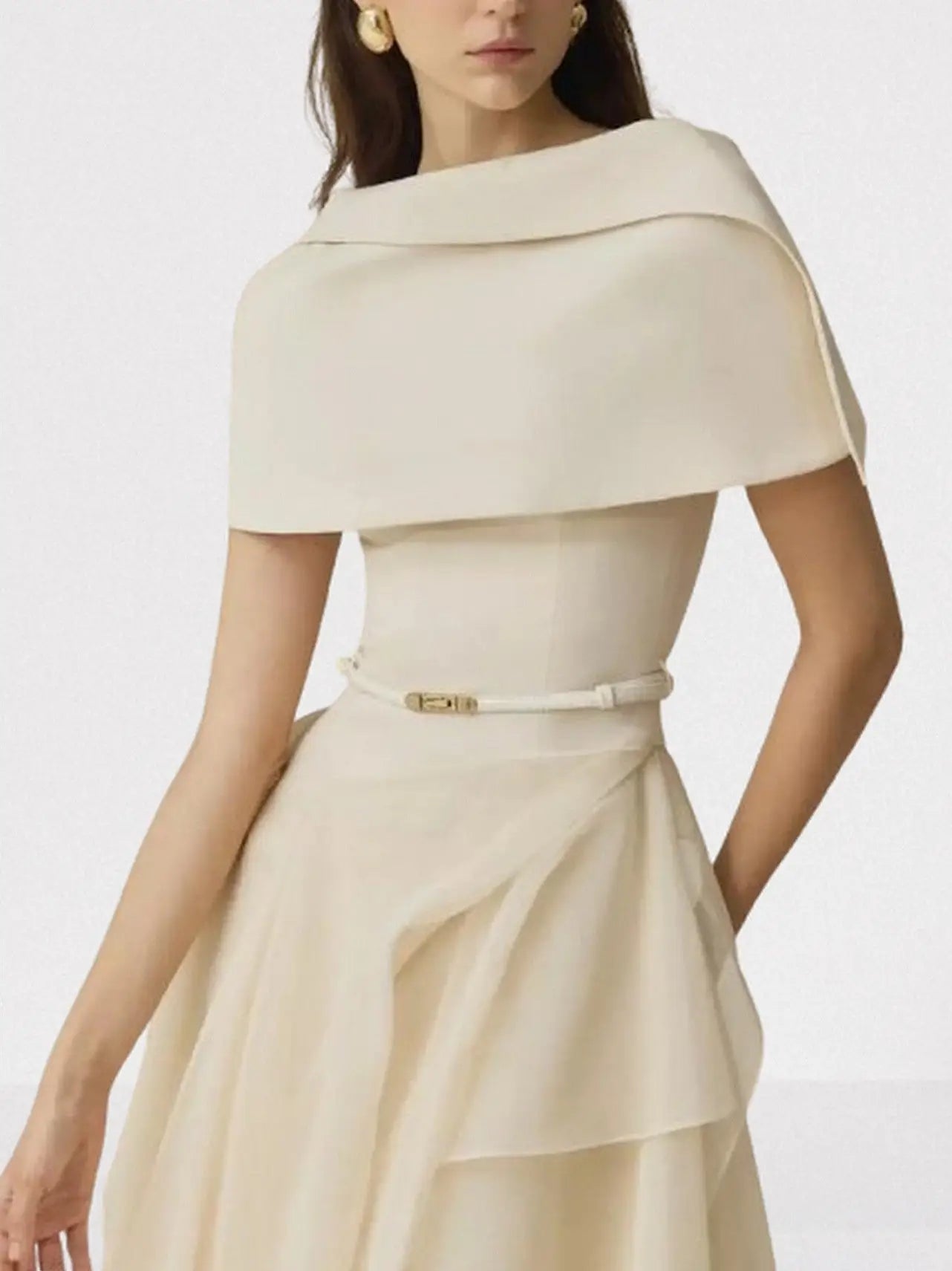 Layered Sleeveless Midi Dress with Detachable Cape - Dresses