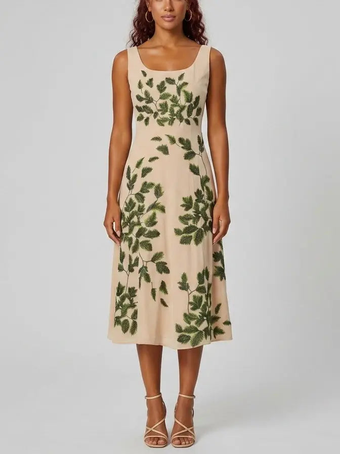 Leaf Motif Sleeveless Midi Dress - S - Dresses