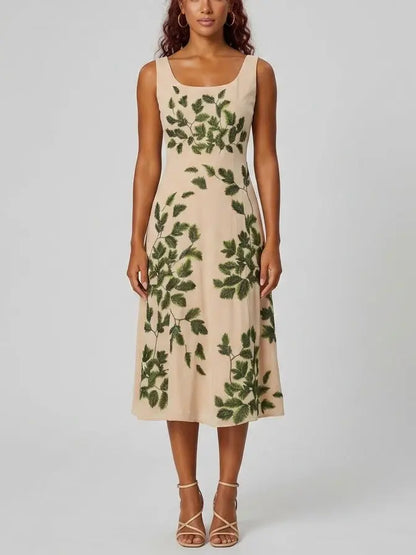 Leaf Motif Sleeveless Midi Dress - S - Dresses