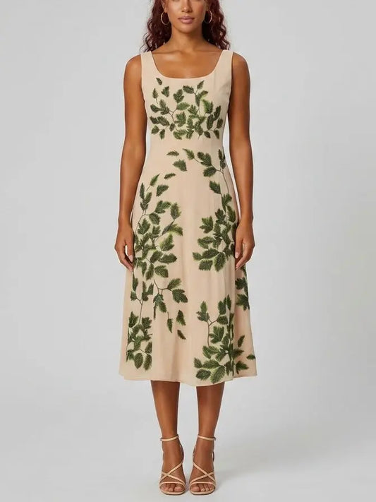 Leaf Motif Sleeveless Midi Dress - S - Dresses