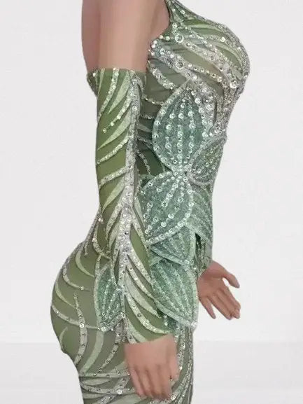 Leaf Appliqué Halter Cut-Out Gown in Mint Green - Dresses