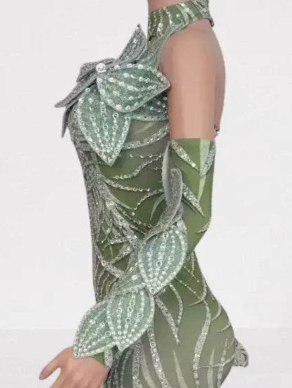 Leaf Appliqué Halter Cut-Out Gown in Mint Green - Dresses