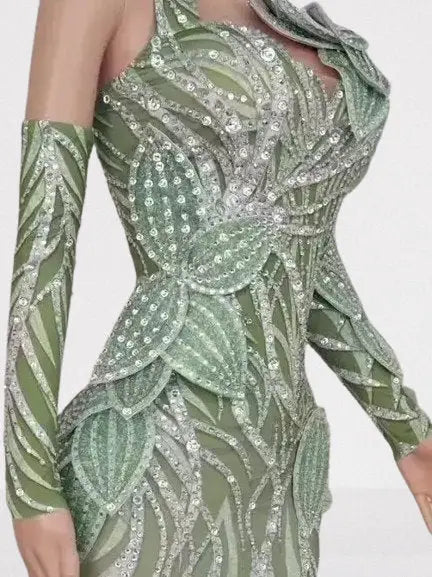 Leaf Appliqué Halter Cut-Out Gown in Mint Green - Dresses